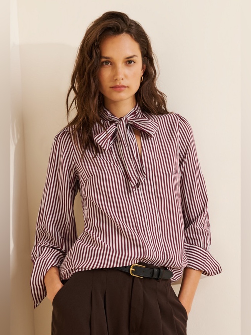 Anthropologie Burgundy and White Striped Bow-Tie Blouse
